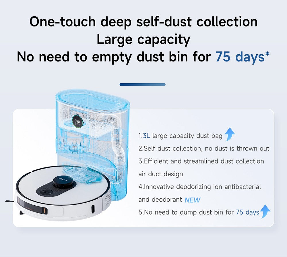 Robotický vysávač ROIDMI EVE MAX s automatickou stanicou na vyprázdňovanie, maximálnym sacím tlakom 5000 Pa, funkciou utierania, 3L vreckom na prach, maximálnou dobou prevádzky 250 minút, LiDAR navigáciou, mapovaním viacerých podlaží, ovládanie cez aplikáciu a hlasové ovládanie.