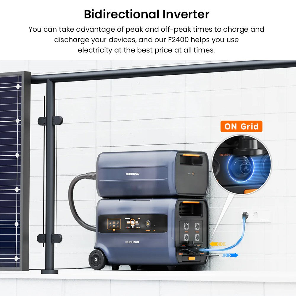 Prenosná elektráreň RUNHOOD F2400, 2400 W, 2400 Wh LiFePO4 batéria, 4800 W špičkový výkon, vonkajší generátor, systém akumulácie energie na balkón