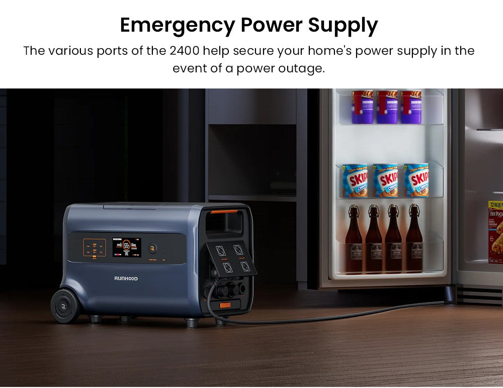 Prenosná elektráreň RUNHOOD F2400, 2400 W, 2400 Wh LiFePO4 batéria, 4800 W špičkový výkon, vonkajší generátor, systém akumulácie energie na balkón