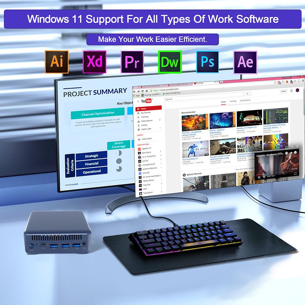 Mini PC RUPA HSI-100, Intel N100 4 jadrá, max. 3,4 GHz, 16 GB RAM, 512 GB SSD, 3× HDMI 4K 60 Hz, trojité zobrazenie, WiFi 6, Bluetooth 5.2, 3× USB 3.0, 1× Type-C, 1× RJ45, 1× 3,5 mm audio