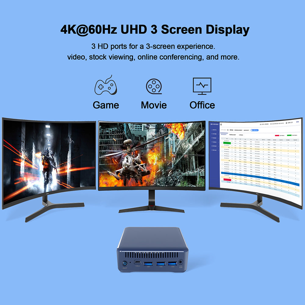 Mini PC RUPA HSI-100, Intel N100 4 jadrá, max. 3,4 GHz, 16 GB RAM, 512 GB SSD, 3× HDMI 4K 60 Hz, trojité zobrazenie, WiFi 6, Bluetooth 5.2, 3× USB 3.0, 1× Type-C, 1× RJ45, 1× 3,5 mm audio