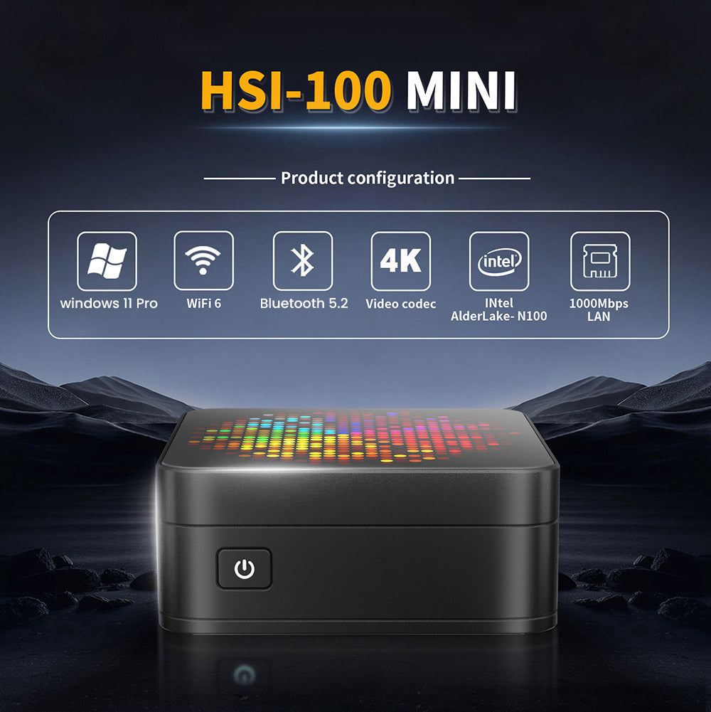 Mini PC RUPA HSI-N100, Intel N100 4 jadrá, max. 3,4 GHz, 12 GB RAM, 512 GB SSD, 3×HDMI 4K 60 Hz, trojité zobrazenie, WiFi 6, Bluetooth 5.2, 3×USB 3.0, 2×RJ45, 1×3,5 mm audio.