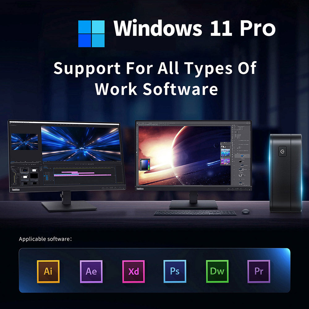 Mini PC RUPA HSI-N100, Intel N100 4 jadrá, max. 3,4 GHz, 12 GB RAM, 512 GB SSD, 3× HDMI 4K 60 Hz, trojitý displej, WiFi 6, Bluetooth 5.2, 3× USB 3.0, 2× RJ45, 1× 3,5 mm audio.