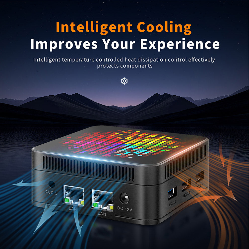 Mini PC RUPA HSI-N100, Intel N100 4 jadrá, max. 3,4 GHz, 12 GB RAM, 512 GB SSD, 3×HDMI 4K 60 Hz, trojité zobrazenie, WiFi 6, Bluetooth 5.2, 3×USB 3.0, 2×RJ45, 1×3,5 mm audio.