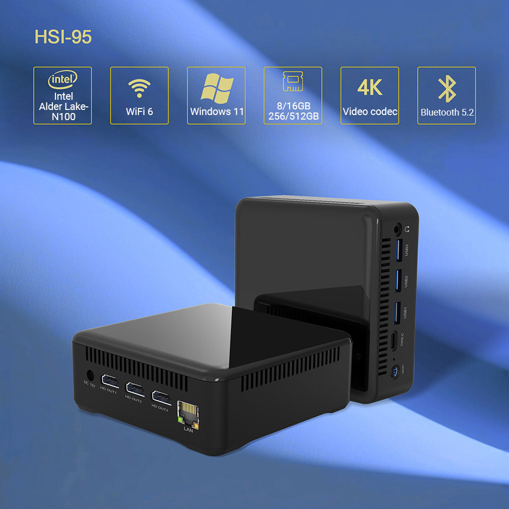 Mini PC RUPA HSI-95, Intel N95 4 jadier, max. 3,4 GHz, 8 GB RAM, 256 GB SSD, 3× HDMI 4K 60 Hz, trojité zobrazenie, WiFi 6, Bluetooth 5.2, 3× USB 3.0, 1× Type-C, 1× RJ45, 1× 3,5 mm audio