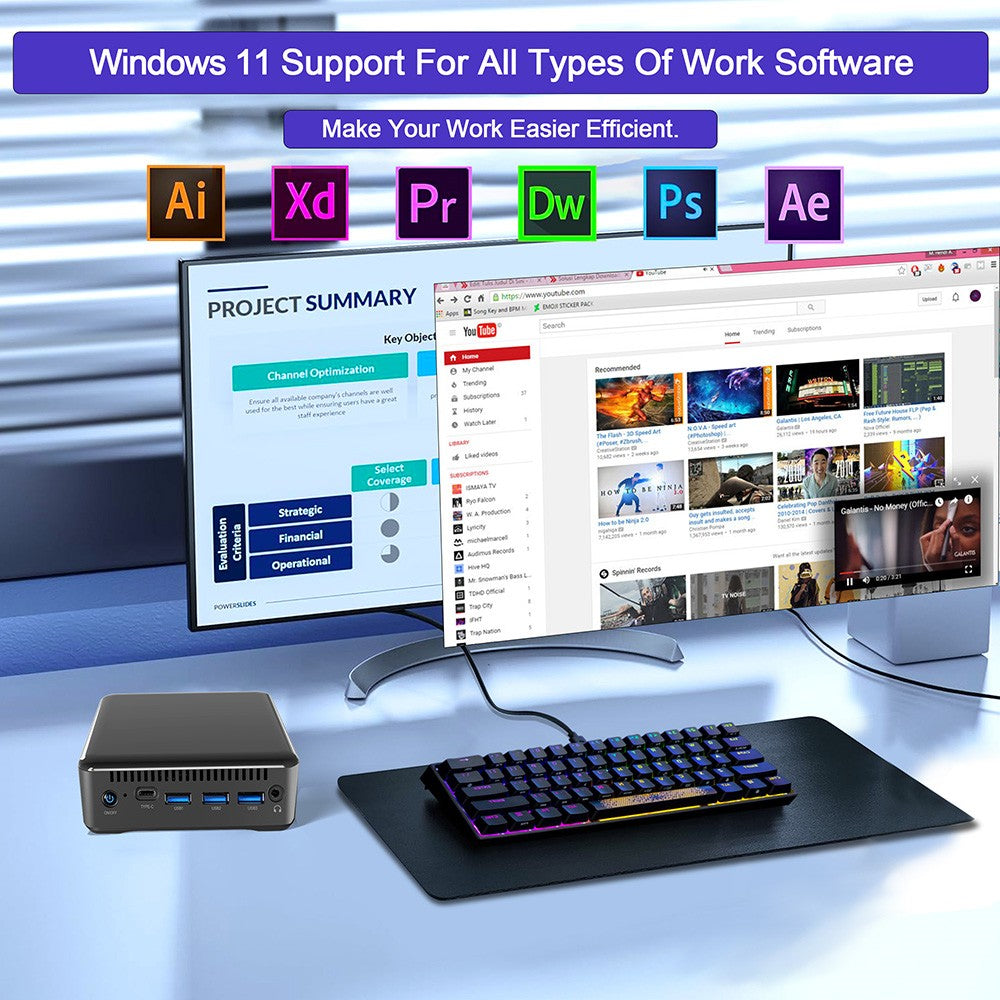 Mini PC RUPA HSI-95, Intel N95 4 jadier, max. 3,4 GHz, 8 GB RAM, 256 GB SSD, 3× HDMI 4K 60 Hz, trojitý displej, WiFi 6, Bluetooth 5.2, 3× USB 3.0, 1× Type-C, 1× RJ45, 1× 3,5 mm audio