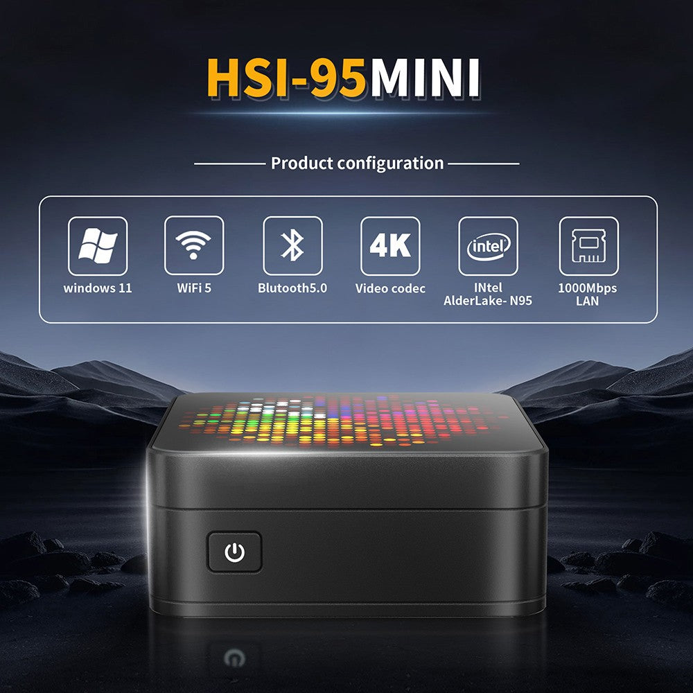 Mini PC RUPA HSI-N95, Intel N95 4 jadier, max. 3,4 GHz, 16 GB RAM, 512 GB SSD, 3× HDMI 4K 60 Hz, trojité zobrazenie, WiFi 5, Bluetooth 5.0, 3× USB 3.0, 2× RJ45, 1× 3,5 mm audio