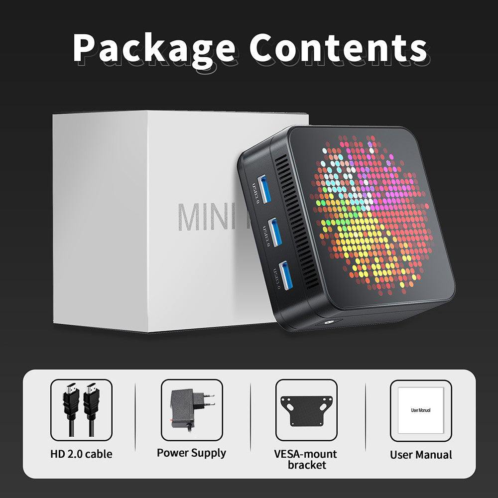 Mini PC RUPA HSI-N95, Intel N95 4 jadier, max. 3,4 GHz, 16 GB RAM, 512 GB SSD, 3× HDMI 4K 60 Hz, trojitý displej, WiFi 5, Bluetooth 5.0, 3× USB 3.0, 2× RJ45, 1× 3,5 mm audio.