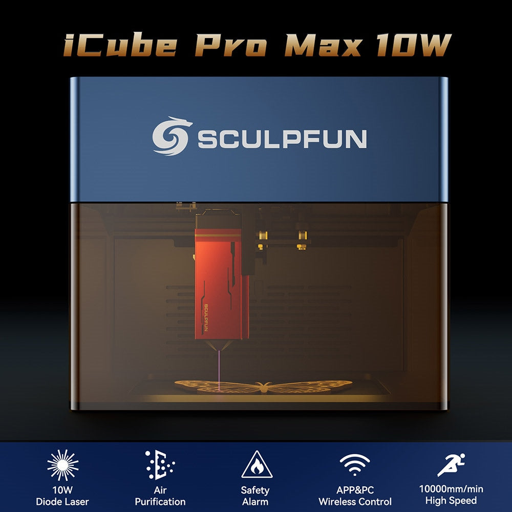 Laserový gravér SCULPFUN iCube Pro Max 10W, bod laseru 0,08 mm, gravírovacia rýchlosť 10000 mm/min, 32-bitová základná doska, vymeniteľná šošovka, filter dymu, teplotný alarm, pripojenie cez aplikáciu, 120x120 mm - EU zástrčka