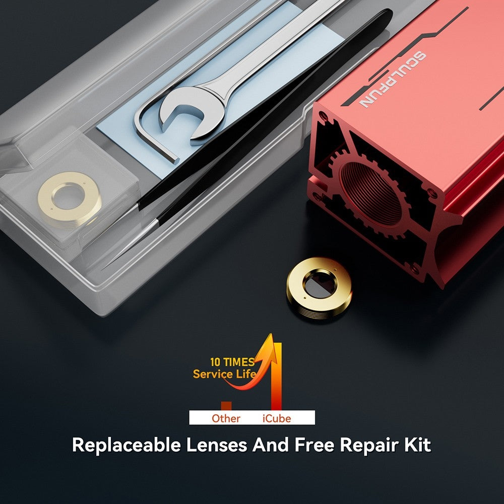 Laserový gravér SCULPFUN iCube Pro Max 10W, bod laseru 0,08 mm, gravírovacia rýchlosť 10000 mm/min, 32-bitová základná doska, vymeniteľná šošovka, filter dymu, teplotný alarm, pripojenie cez aplikáciu, 120x120 mm - EU zástrčka