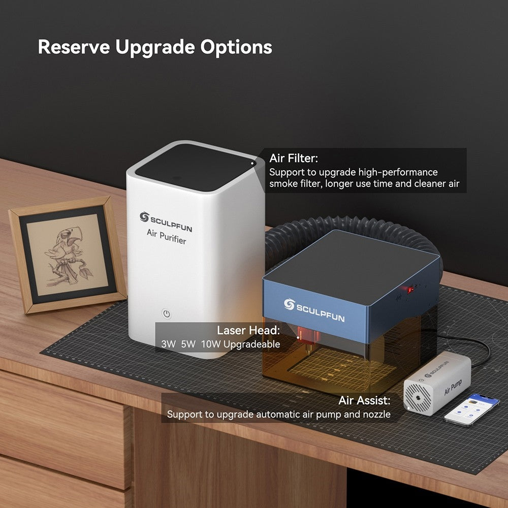 Laserový gravér SCULPFUN iCube Pro Max 10W, bod laseru 0,08 mm, gravírovacia rýchlosť 10000 mm/min, 32-bitová základná doska, vymeniteľná šošovka, filter dymu, teplotný alarm, pripojenie cez aplikáciu, 120x120 mm - EU zástrčka