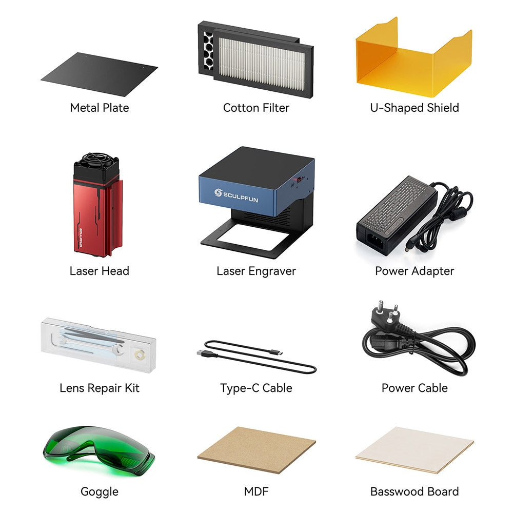 Laserový gravér SCULPFUN iCube Pro Max 10W, bod laseru 0,08 mm, gravírovacia rýchlosť 10000 mm/min, 32-bitová základná doska, vymeniteľná šošovka, filter dymu, teplotný alarm, pripojenie cez aplikáciu, 120x120 mm - EU zástrčka