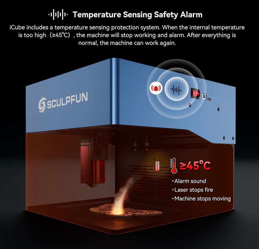 Laserový gravér SCULPFUN iCube Pro Max 10W, bod laseru 0,08 mm, gravírovacia rýchlosť 10000 mm/min, 32-bitová základná doska, vymeniteľná šošovka, filter dymu, teplotný alarm, pripojenie cez aplikáciu, 120x120 mm - EU zástrčka