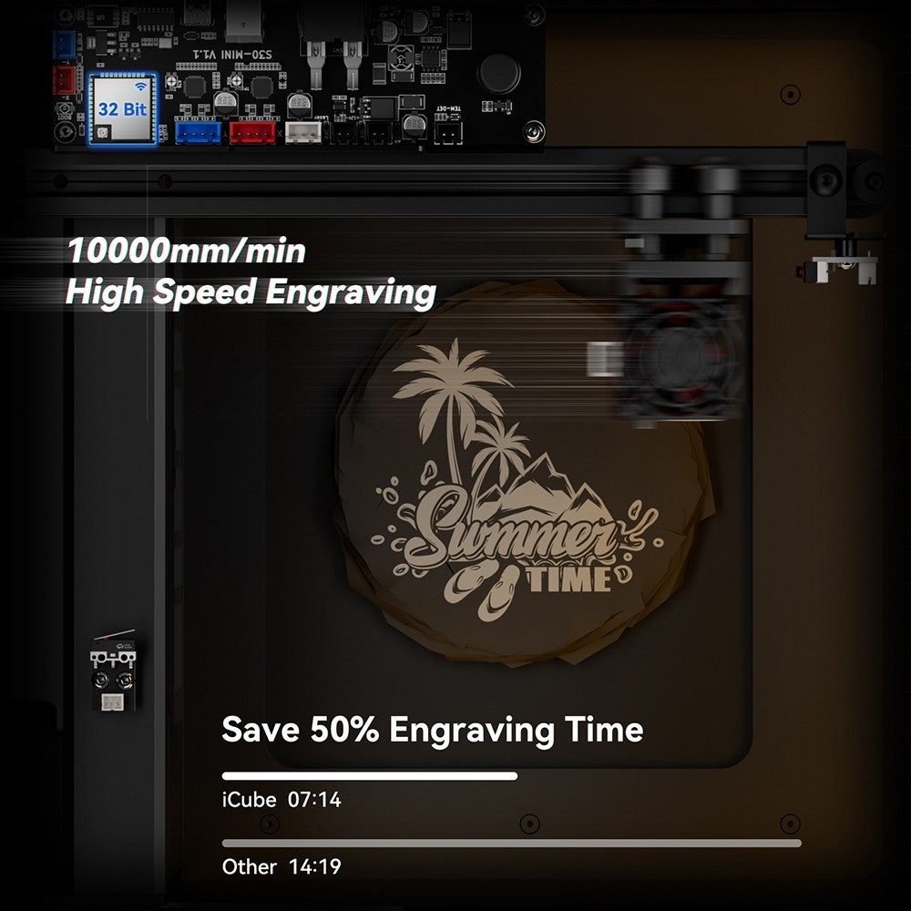 Laserový gravér SCULPFUN iCube Pro Max 10W, bod laseru 0,08 mm, gravírovacia rýchlosť 10000 mm/min, 32-bitová základná doska, vymeniteľná šošovka, filter dymu, teplotný alarm, pripojenie cez aplikáciu, 120x120 mm - EU zástrčka