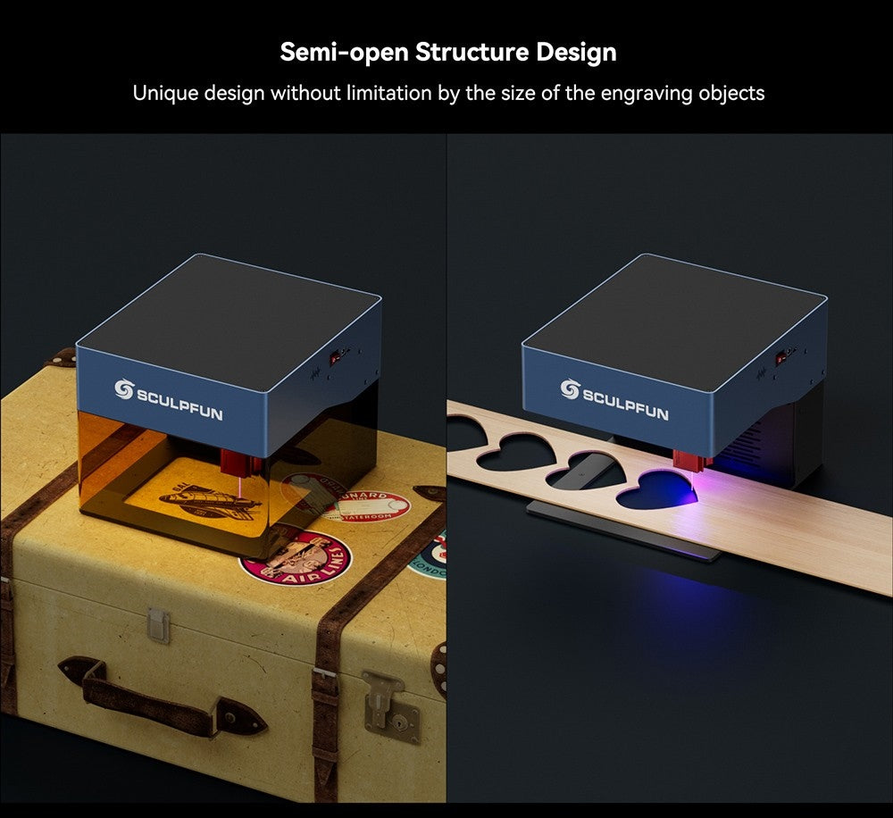 Laserový gravér SCULPFUN iCube Pro Max 10W, bod laseru 0,08 mm, gravírovacia rýchlosť 10000 mm/min, 32-bitová základná doska, vymeniteľná šošovka, filter dymu, teplotný alarm, pripojenie cez aplikáciu, 120x120 mm - EU zástrčka