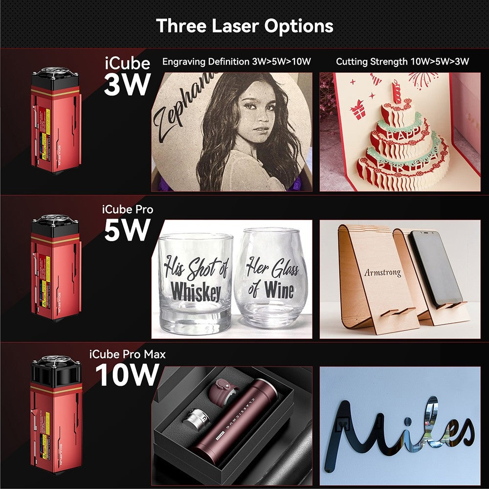 Laserový gravér SCULPFUN iCube Pro Max 10W, bod laseru 0,08 mm, gravírovacia rýchlosť 10000 mm/min, 32-bitová základná doska, vymeniteľná šošovka, filter dymu, teplotný alarm, pripojenie cez aplikáciu, 120x120 mm - EU zástrčka