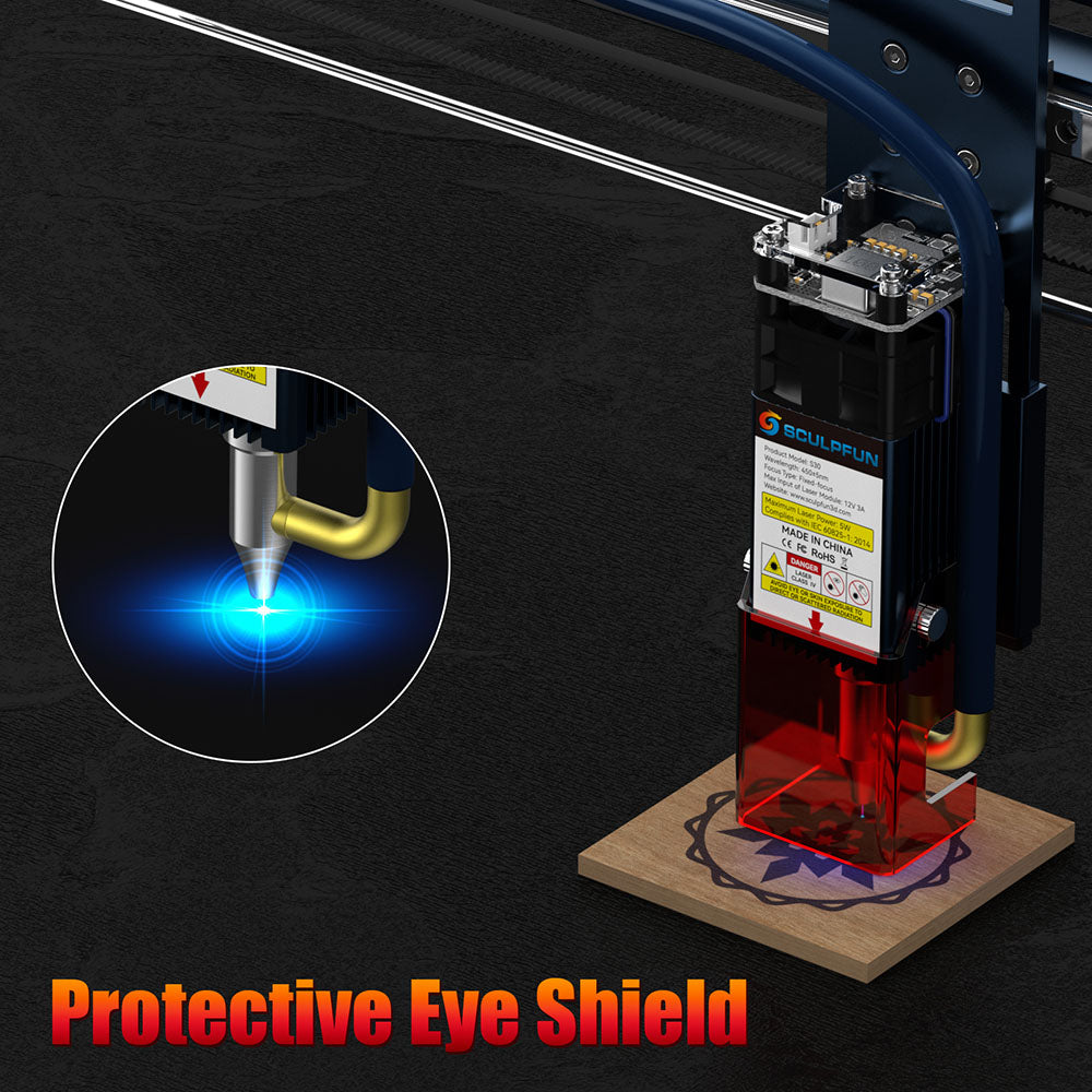 Laserový gravírovací a rezací stroj SCULPFUN S30 5W, automatický prívod vzduchu, vymeníteľná šošovka, 32-bitová základná doska, 410x400mm