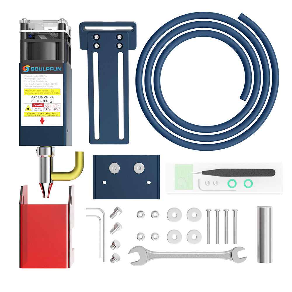 SCULPFUN S30 Pro 10W Laserový modul, pevné zaostrenie, integrovaný prívod vzduchu, vymeníteľná šošovka, čistý rez