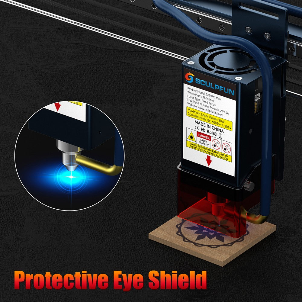 Laserový gravírovací a rezací stroj SCULPFUN S30 Pro Max 20W, automatický vzduchový asistent, laserové zaostrenie 0,08x0,1 mm, 32-bitová základná doska, vymeníteľná šošovka, 410x400 mm, rozširuje sa na 935x905 mm