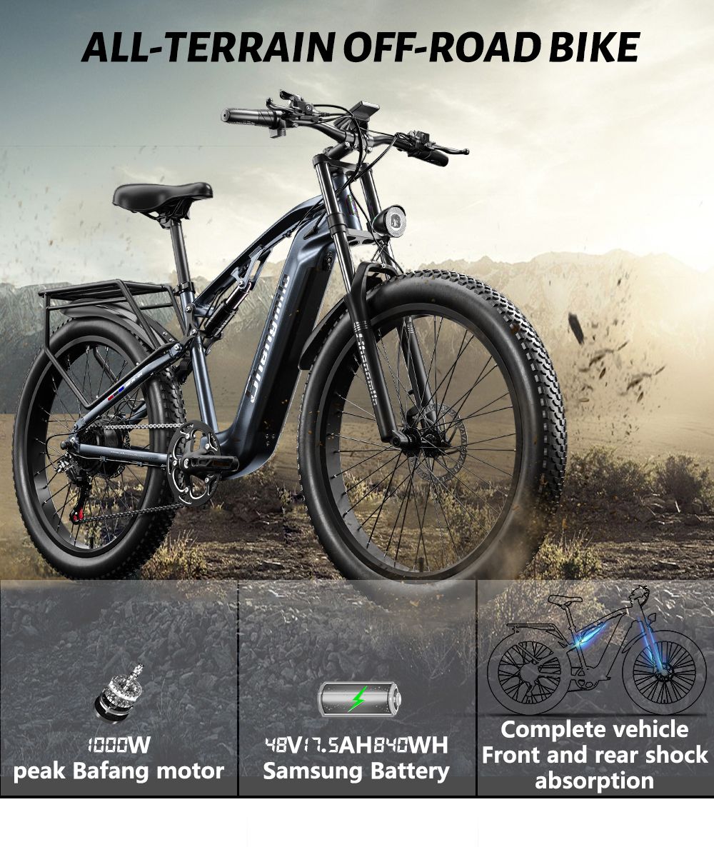 Shengmilo MX05 26 palcový horský elektrokolo s hrubými pneumatikami, 500W motor Bafang, maximálna rýchlosť 42 km/h, 48V 15Ah batéria LG, dojazd 60 km, dvojité hydraulické kotúčové brzdy.