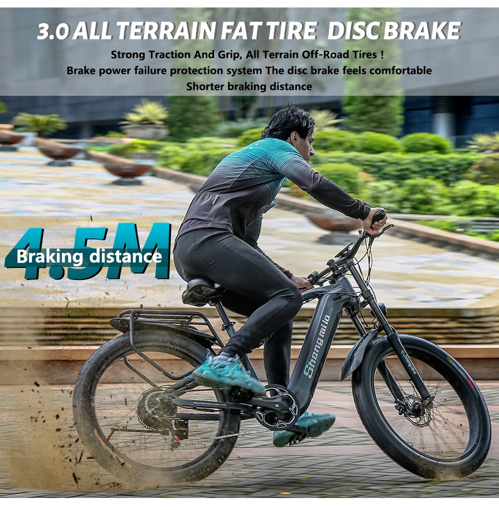 Shengmilo MX05 26 palcový horský elektrokolo s hrubými pneumatikami, 500W motor Bafang, maximálna rýchlosť 42 km/h, 48V 15Ah batéria LG, dojazd 60 km, dvojité hydraulické kotúčové brzdy.