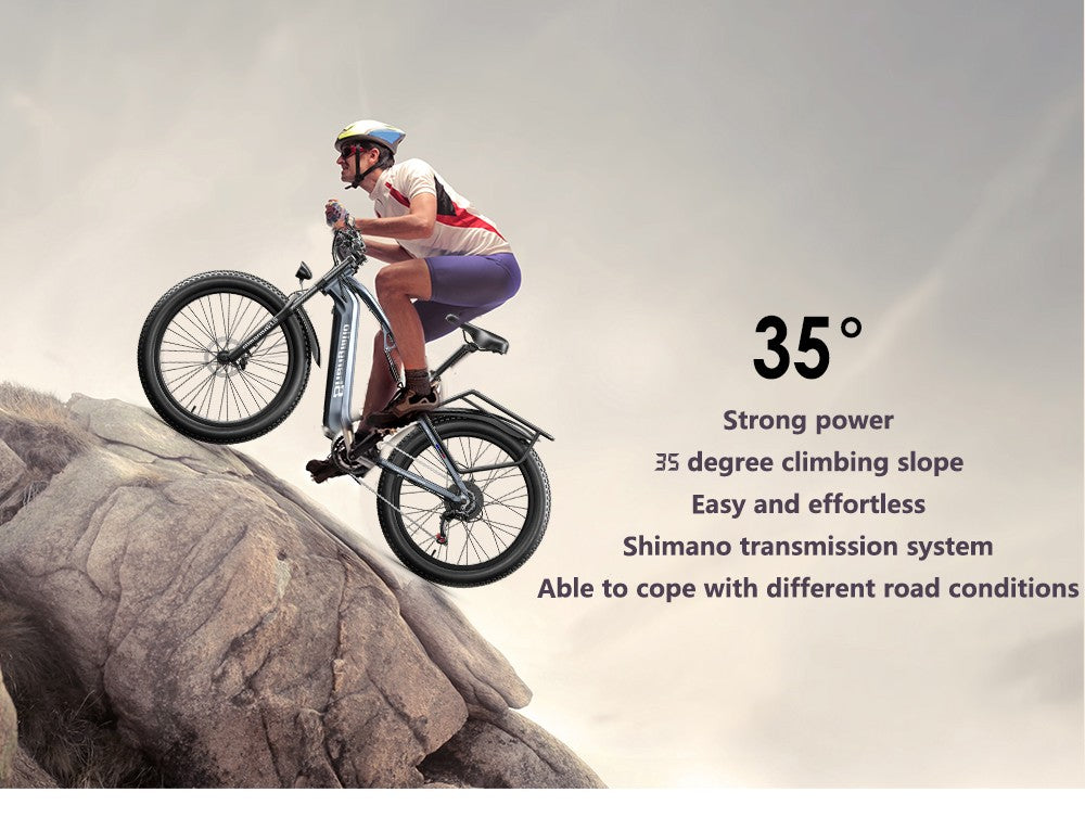 Shengmilo MX05 26 palcový horský elektrokolo s hrubými pneumatikami, 500W motor Bafang, maximálna rýchlosť 42 km/h, 48V 15Ah batéria LG, dojazd 60 km, dvojité hydraulické kotúčové brzdy.