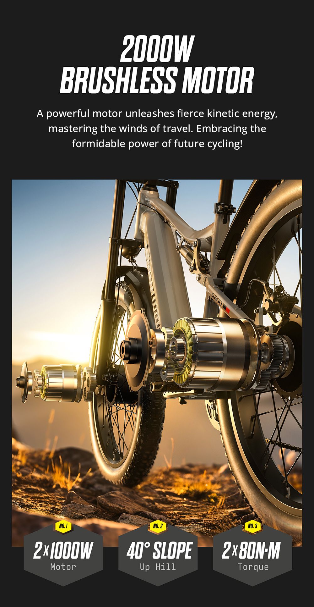 Elektrokol Shengmilo S600, motor 1000W*2, batéria 48V 17.5AH, 26 palcové pneumatiky, max. rýchlosť 42 km/h, max. dojazd 90 km, mechanické kotúčové brzdy, vidlica s dvojitým ramenom, zadný tlmič, 7-stupňová prevodovka Shimano.