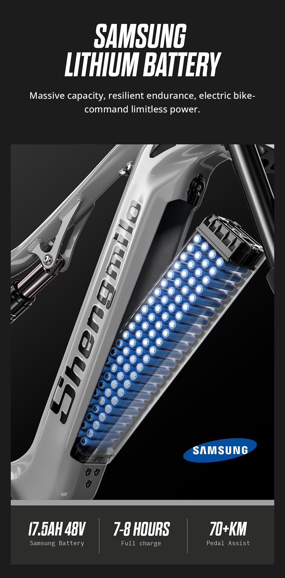 Elektrokol Shengmilo S600, motor 1000W*2, batéria 48V 17.5AH, 26 palcové pneumatiky, max. rýchlosť 42 km/h, max. dojazd 90 km, mechanické kotúčové brzdy, vidlica s dvojitým ramenom, zadný tlmič, 7-stupňová prevodovka Shimano.