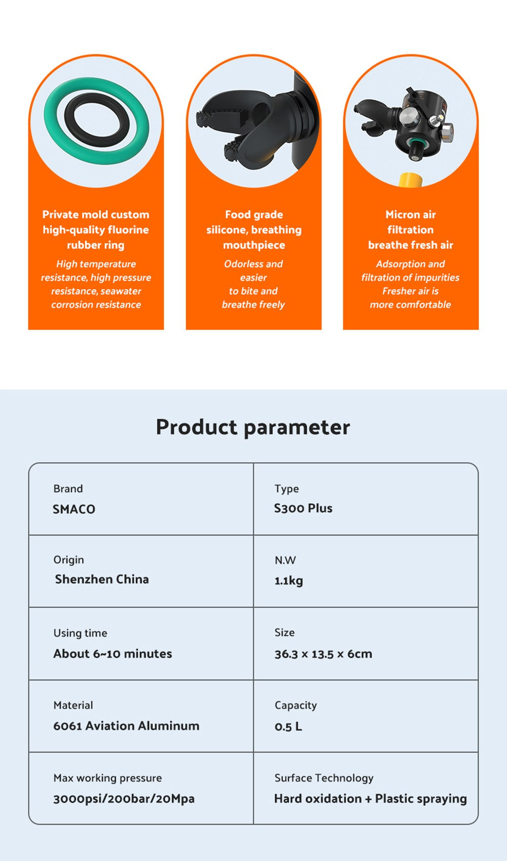 Mini potápačská nádrž SMACO S300 Plus 0,5L - čierna