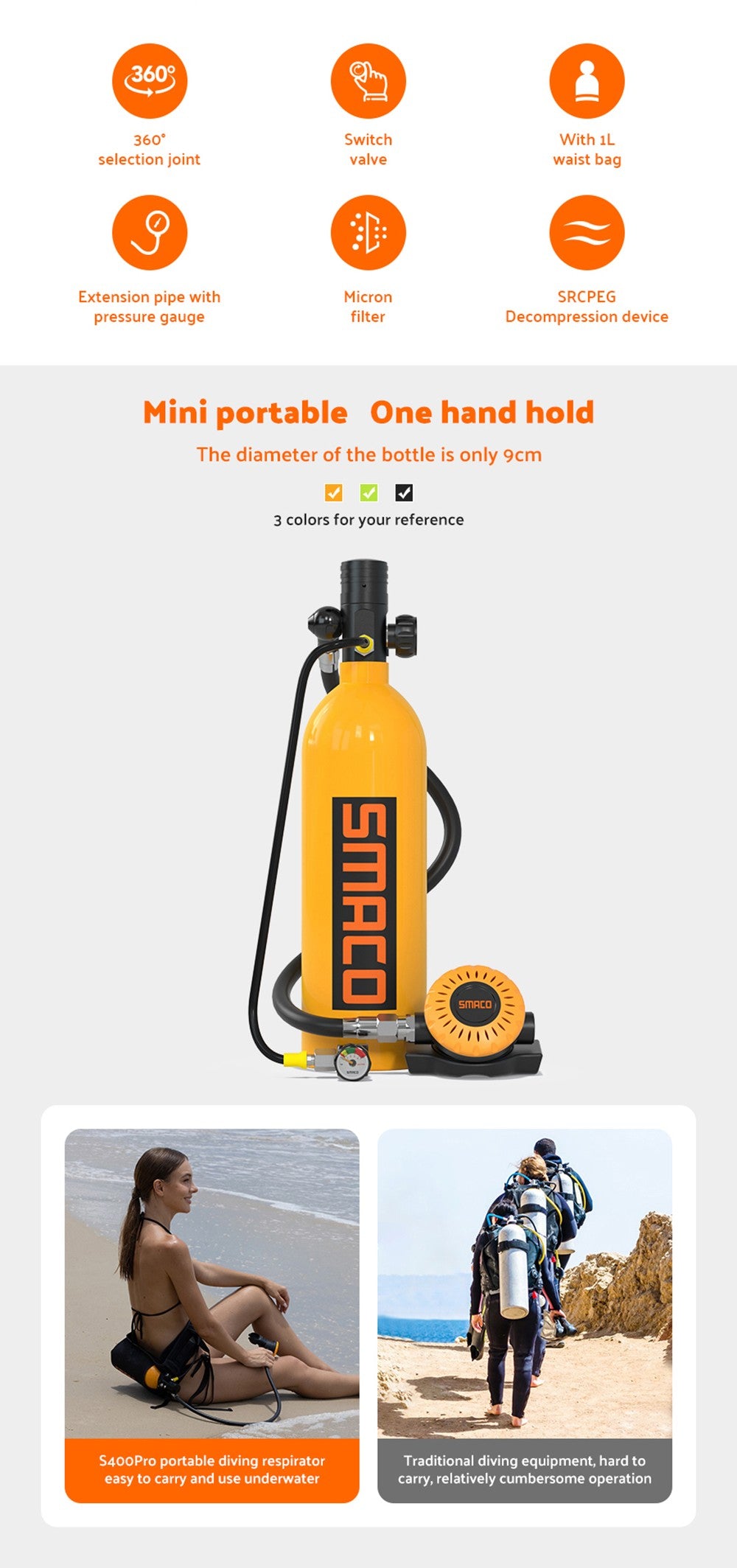 Potápěčská láhev SMACO S400 Pro 1L - černá