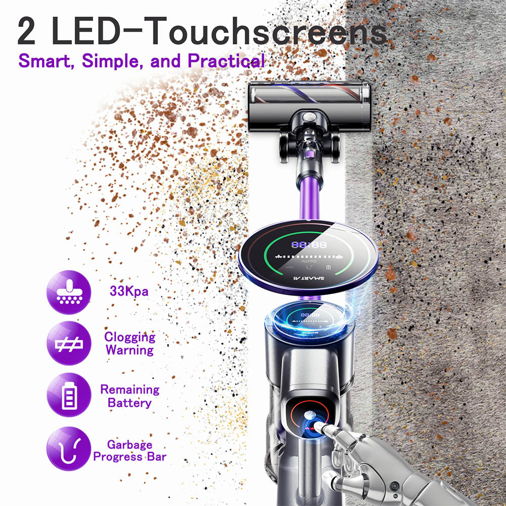 Bezšnúrový vysávač SmartAI P40, sací výkon 33KPa, doba prevádzky 55 minút, 400W bezuhlíkový motor, LED dotyková obrazovka, nádoba na prach s objemom 1,3 l