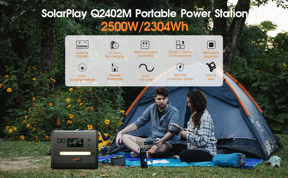 Prenosná elektráreň SolarPlay Q2402M, 2304Wh 2500W LiFePO4 batéria, 1100W vstupný výkon, 12 výstupov, úplné nabitie za 1,5 hodiny.