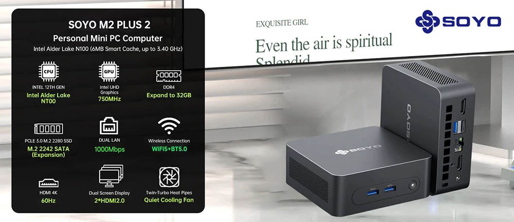 SOYO M2 Plus2 Mini PC, Intel 12. generácie Alder Lake N100 CPU až 3,4 GHz, 16 GB DDR4, 512 GB SATA M.2 2280 SSD, 4K@60Hz Dual Displays, HDMI, WiFi 5 & Bluetooth 5.0 Mini počítač pre firmy, školstvo a kancelárie.