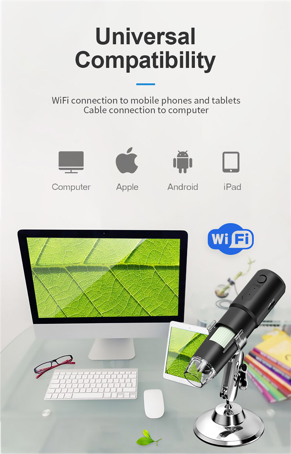 SUNUO 314 Inteligentný WiFi mikroskop, 0,3MP pixel, 360° otočný stojan, 1000x priblíženie, 8 LED svetiel