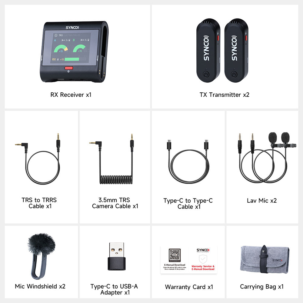 Bezdrôtový náhrdelníkový mikrofón SYNCO G3 Pro, dosah 250 m, 2,4 GHz frekvencia, 2-palcový dotykový displej, 3 úrovne potlačenia šumu, 10 hodín nepretržitého nahrávania
