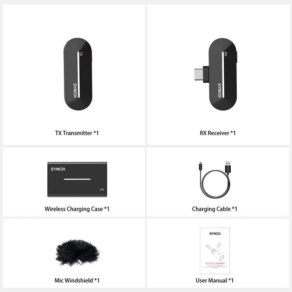 Bezdrôtový kondenzátorový mikrofón SYNCO P1S pre Android zariadenia s konektorom Type-C, automatické spárovanie po kontakte, dosah 150 m - prijímač Type-C