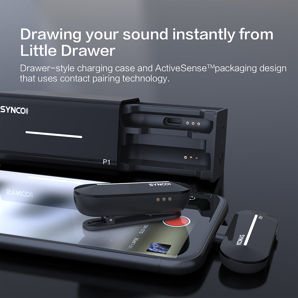 Bezdrôtový kondenzátorový mikrofón SYNCO P1S pre Android zariadenia s konektorom Type-C, automatické spárovanie po kontakte, dosah 150 m - prijímač Type-C