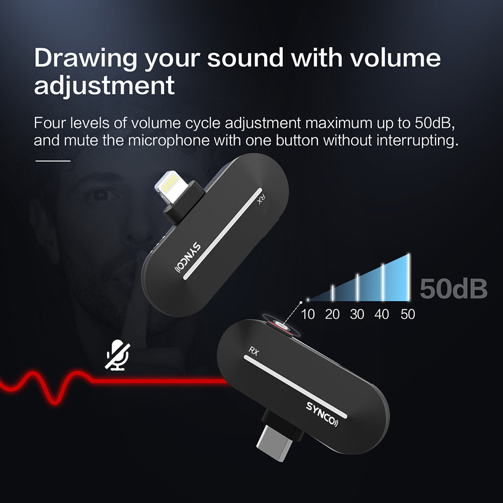 Bezdrôtový kondenzátorový mikrofón SYNCO P2S pre Android zariadenia s konektorom Type-C, automatické spárovanie, dosah 150 m, rýchle nabíjanie – prijímač Type-C