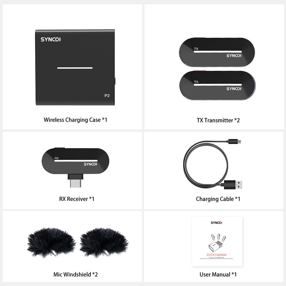 Bezdrôtový kondenzátorový mikrofón SYNCO P2S pre Android zariadenia s konektorom Type-C, automatické spárovanie, dosah 150 m, rýchle nabíjanie – prijímač Type-C