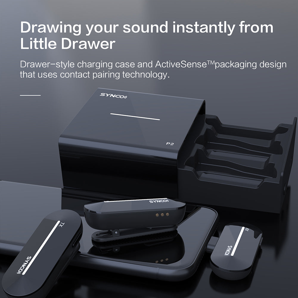 Bezdrôtový kondenzátorový mikrofón SYNCO P2S pre Android zariadenia s konektorom Type-C, automatické spárovanie, dosah 150 m, rýchle nabíjanie – prijímač Type-C