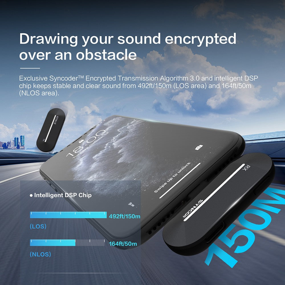 Bezdrôtový kondenzátorový mikrofón SYNCO P2S pre Android zariadenia s konektorom Type-C, automatické spárovanie, dosah 150 m, rýchle nabíjanie – prijímač Type-C