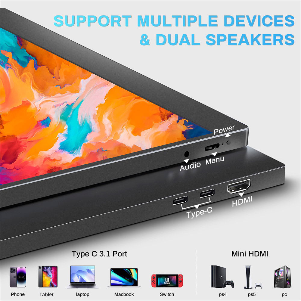 Prenosný monitor TALLPOWER TP-1 s 15,6-palcovým displejom, rozlíšením 1920 x 1080 2K Full HD, obnovovacou frekvenciou 120 Hz, 100% sRGB farebným priestorom, uhlom pohľadu 178°, 2x Type-C 3.1 a 1x HDMI.