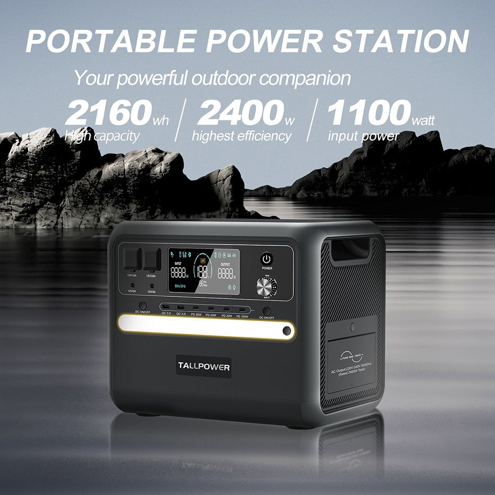 Prenosná elektráreň TALLPOWER V2400, 2160Wh solárny generátor LiFePo4, 2400W AC výstup, nastaviteľný vstupný výkon, PD 100W USB-C, funkcia UPS, LED svetlo, 13 výstupov