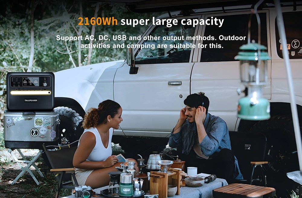 Prenosná elektráreň TALLPOWER V2400, 2160Wh solárny generátor LiFePo4, 2400W AC výstup, nastaviteľný vstupný výkon, PD 100W USB-C, funkcia UPS, LED svetlo, 13 výstupov