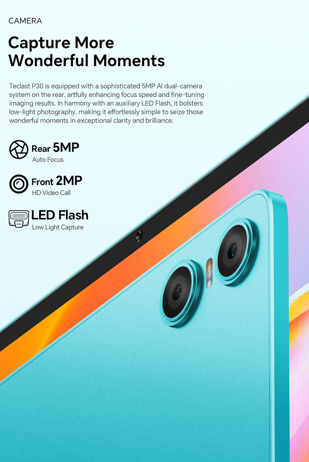 Tablet Teclast P30 s 10,1" displejom, Android 15, 4 GB RAM, 64 GB ROM, 5MP duálna AI kamera, rozlíšenie 1280x800, osemjadrový procesor, batéria 6000 mAh, port Type-C/GMS/Wi-Fi/Bluetooth/3,5 mm jack.