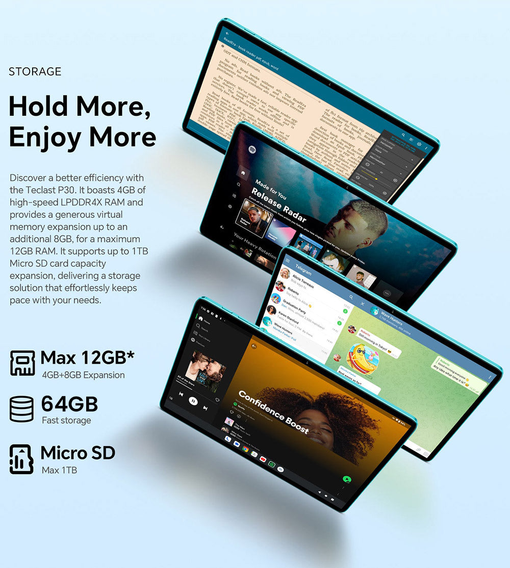 Teclast P30 10,1" tablet, Android 14, 4 GB RAM, 64 GB ROM, 5MP AI duálna kamera, rozlíšenie 1280x800, osemjadrový procesor, batéria 6000 mAh, Type-C/GMS/Wi-Fi/Bluetooth/3,5 mm jack