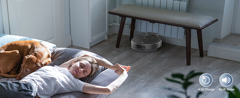 Robotický vysávač a mop Teendow T7S, 2000Pa silný sací výkon, 230ml nádrž na vodu, inteligentná aplikácia a hlasové ovládanie, 100minútová doba prevádzky, samo-nabíjanie, 4 režimy čistenia, vyhýbanie sa prekážkám, ideálne pre majitelia domácich zvierat.