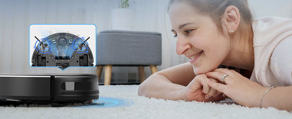 Robotický vysávač a mop Teendow T7S, 2000Pa silný sací výkon, 230ml nádrž na vodu, inteligentná aplikácia a hlasové ovládanie, 100minútová doba prevádzky, samo-nabíjanie, 4 režimy čistenia, vyhýbanie sa prekážkám, ideálne pre majitelia domácich zvierat.