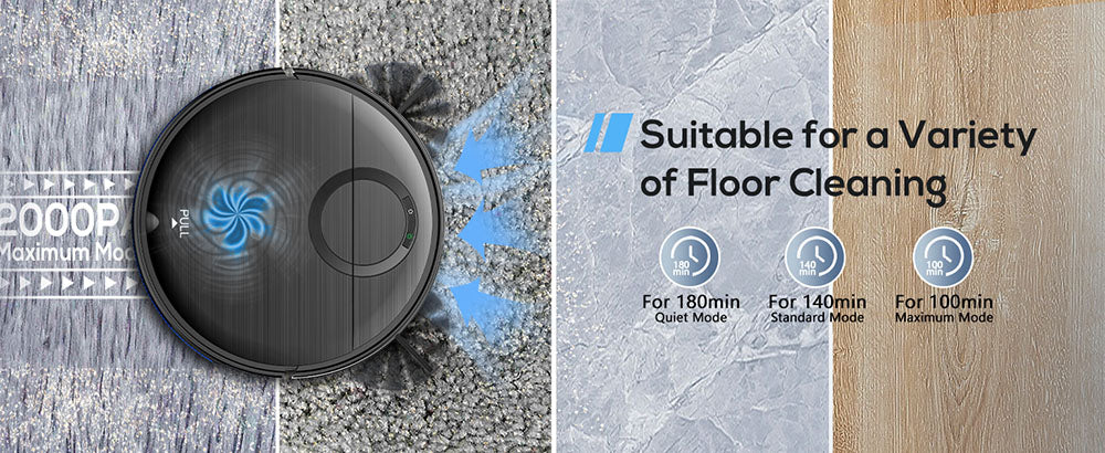 Robotický vysávač a mop Teendow T7S, 2000Pa silný sací výkon, 230ml nádrž na vodu, inteligentná aplikácia a hlasové ovládanie, 100minútová doba prevádzky, samo-nabíjanie, 4 režimy čistenia, vyhýbanie sa prekážkám, ideálne pre majitelia domácich zvierat.