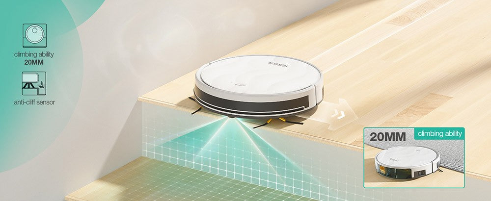 Tesvor M2 Robotický vysávač s funkciou utierania, sací výkon 6000 Pa, gyroskopická navigácia, 600 ml nádoba na prach, doba prevádzky 150 minút, maximálna plocha vysávania 120 m², ovládanie cez aplikáciu/diaľkový ovládač – biela
